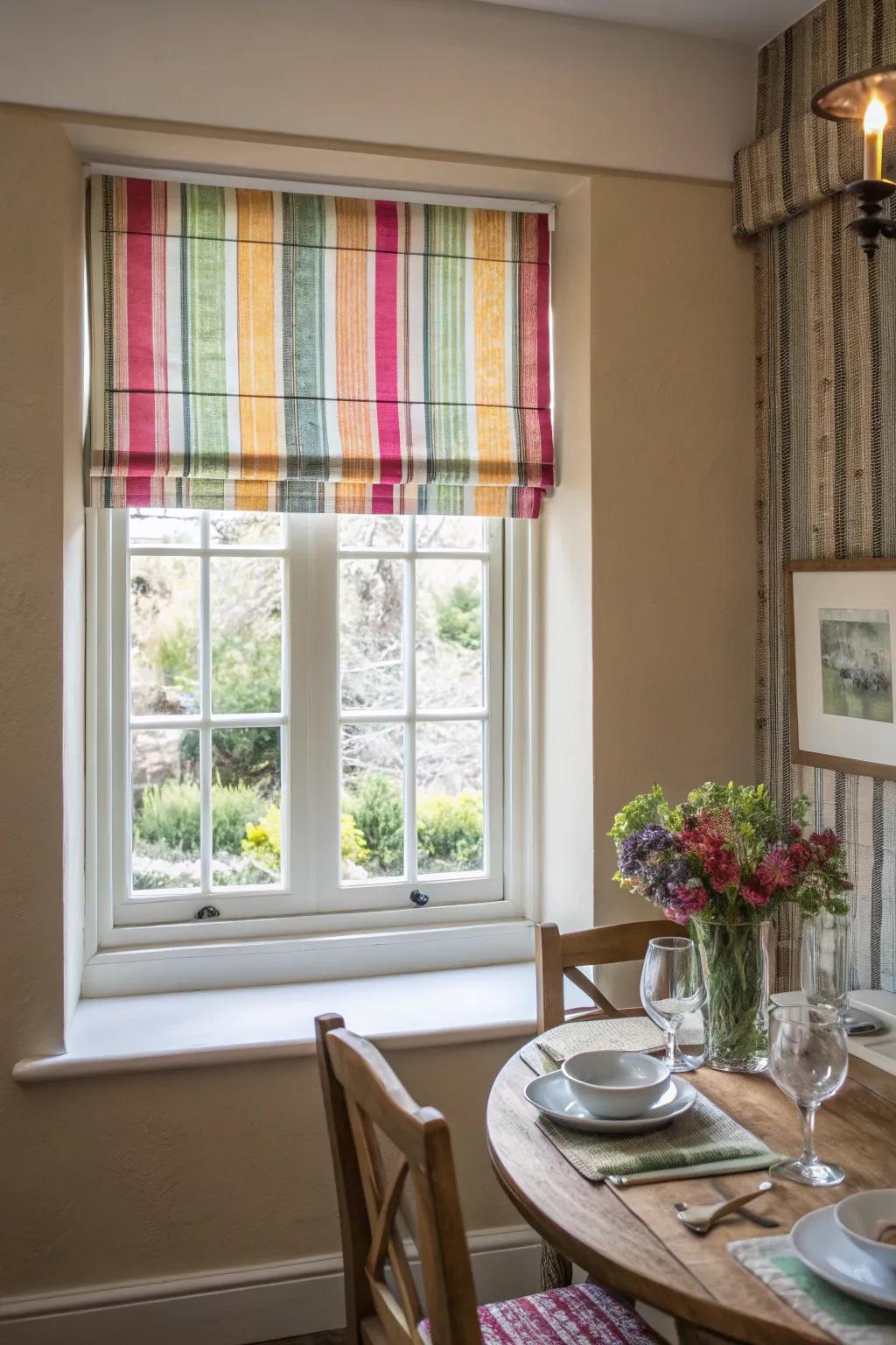 Vibrantly colored Roman shades breathe new life into a compact dining room.