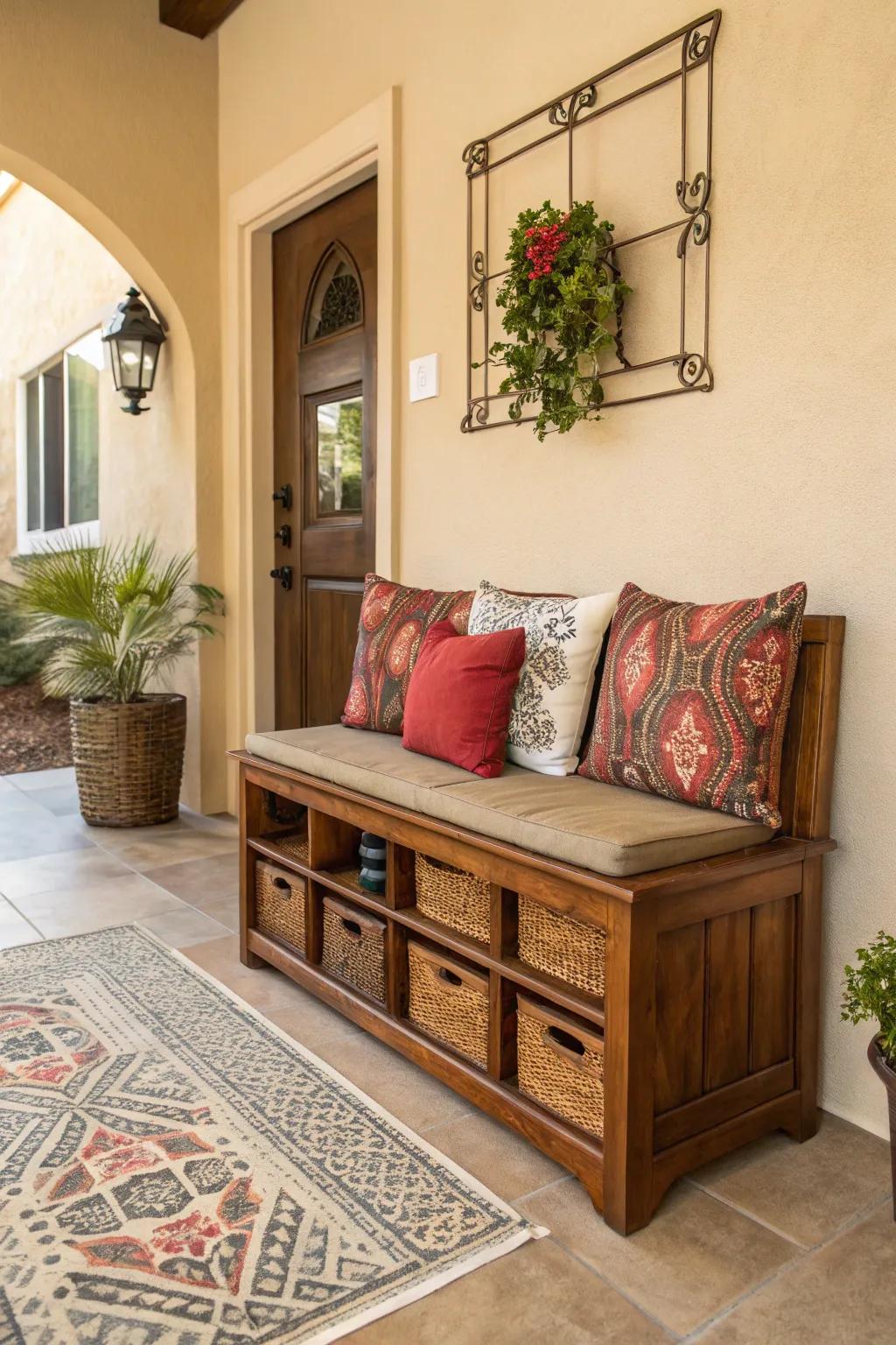 A bench with storage adds seating and hides clutter.