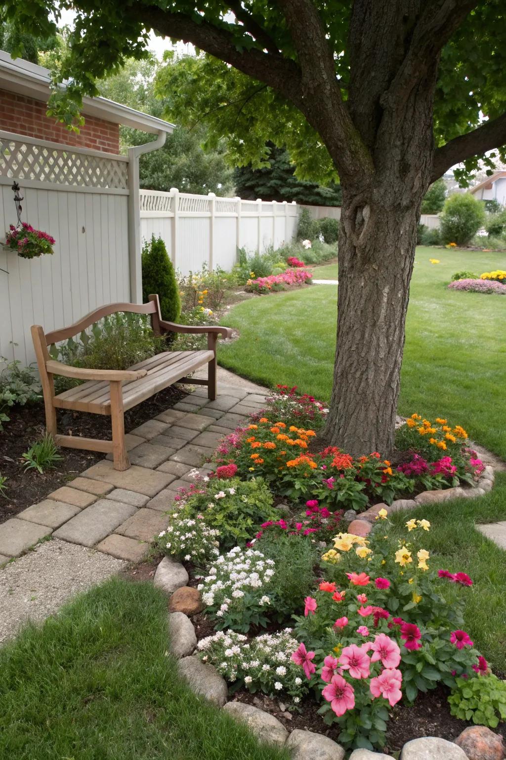 A cozy bench invites relaxation in your front yard.