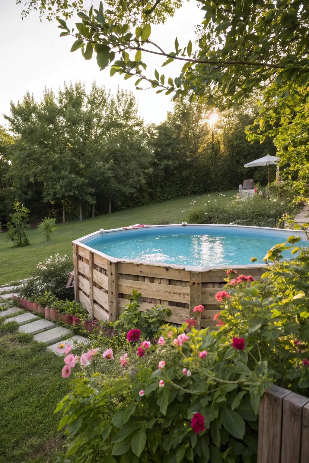 A creative wood pallet frame enhances this above-ground pool.