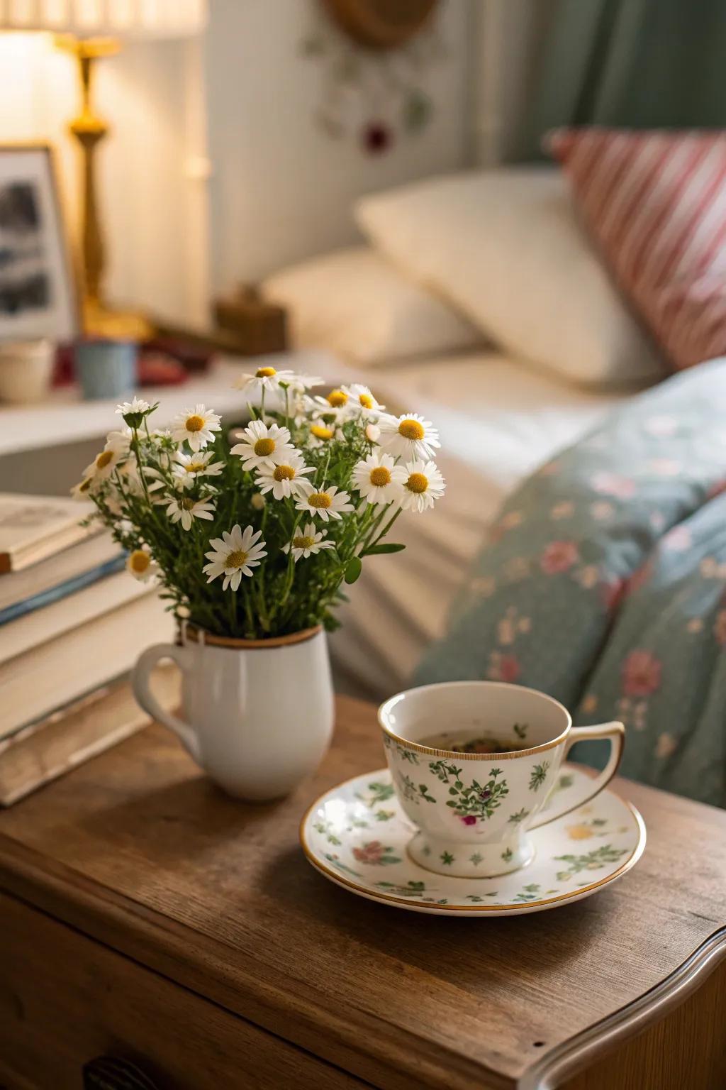A classic drinkware makes an ideal scaled-down flower holder for sensitive blossoms.