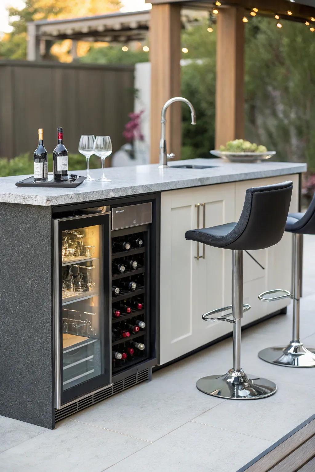 A modern small wet bar featuring a built-in wine cooler.