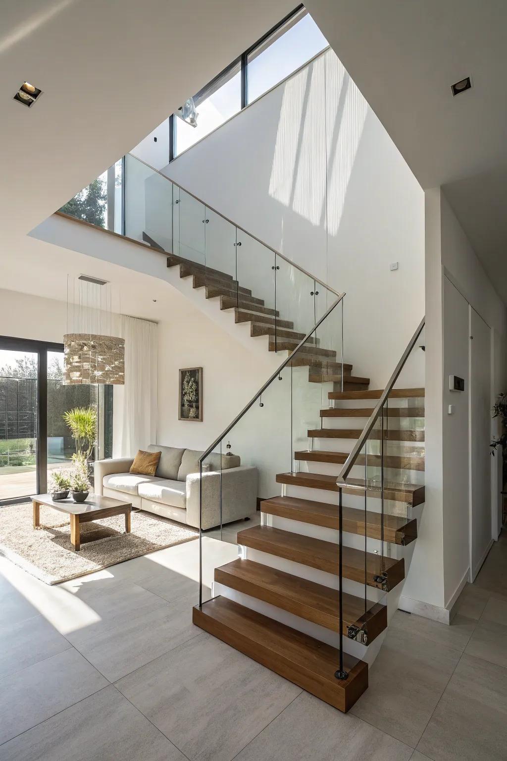 Floating staircase enhancing a sense of openness in a minimalist home.