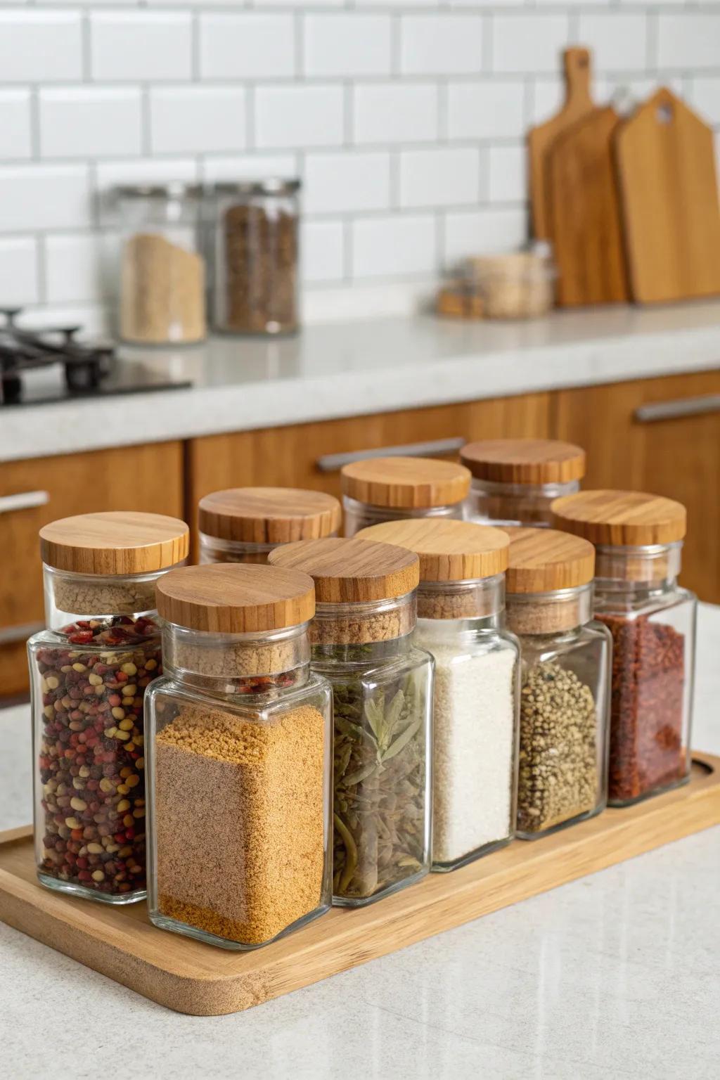 Uniform glass spice jars enhancing kitchen aesthetics.