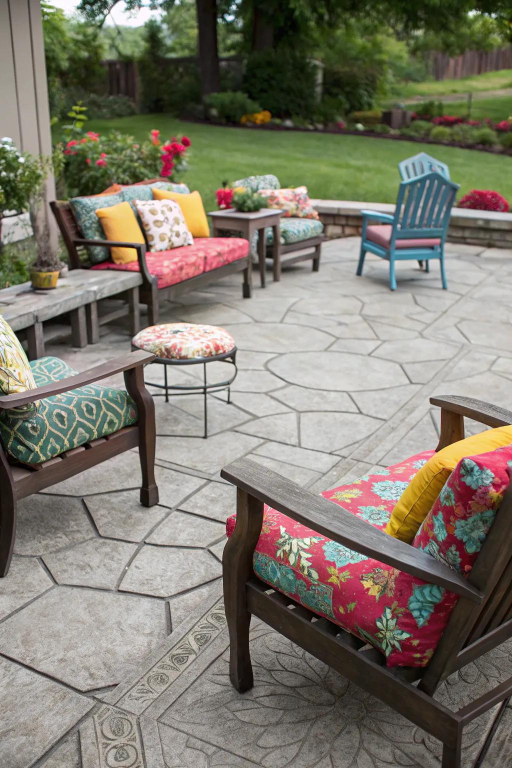 Relaxing outdoor seating atop a stamped concrete patio.