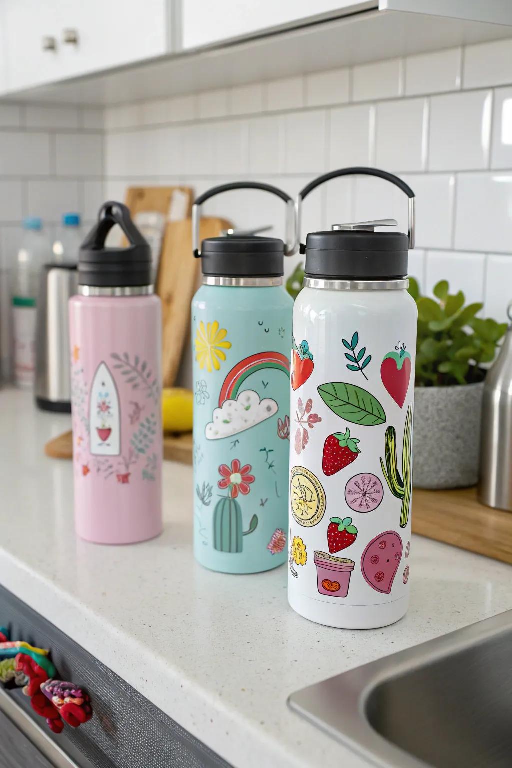 Make your water bottles stand out with creative sticker designs.