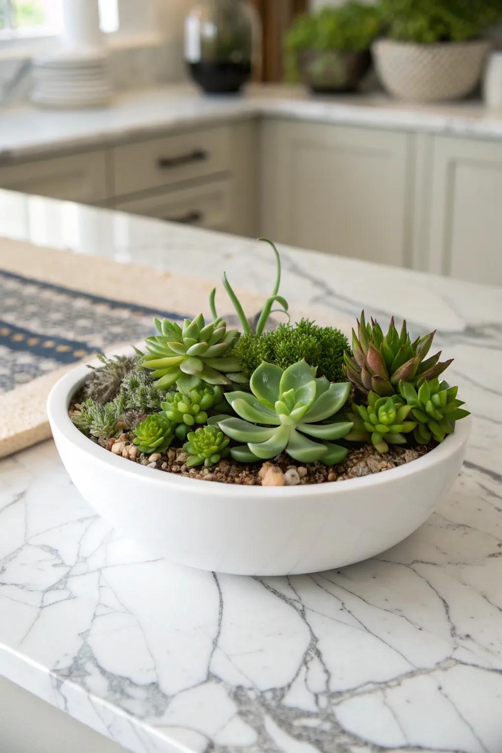 A modern succulent arrangement housed in a minimalist ceramic container.