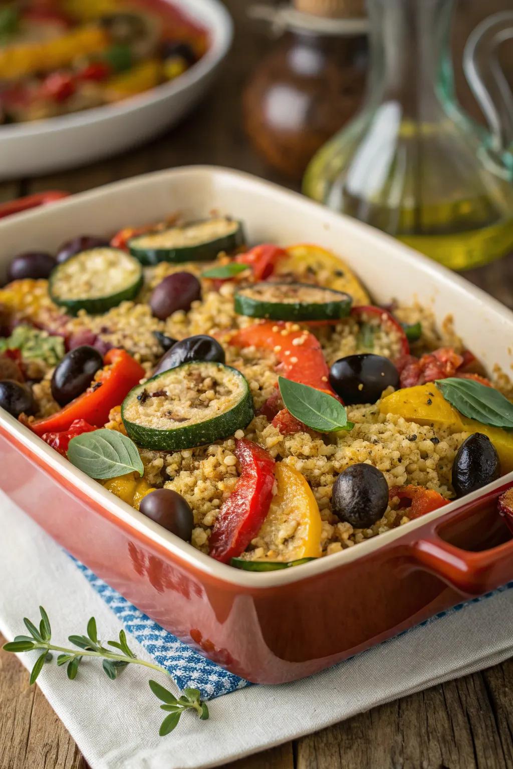 Mediterranean quinoa bake, brimming with lively flavors and colors.