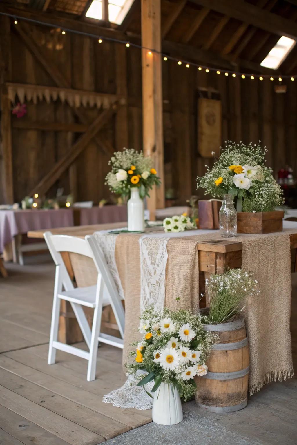 A rustic sweetheart table featuring wooden elements and wildflowers for a country vibe.