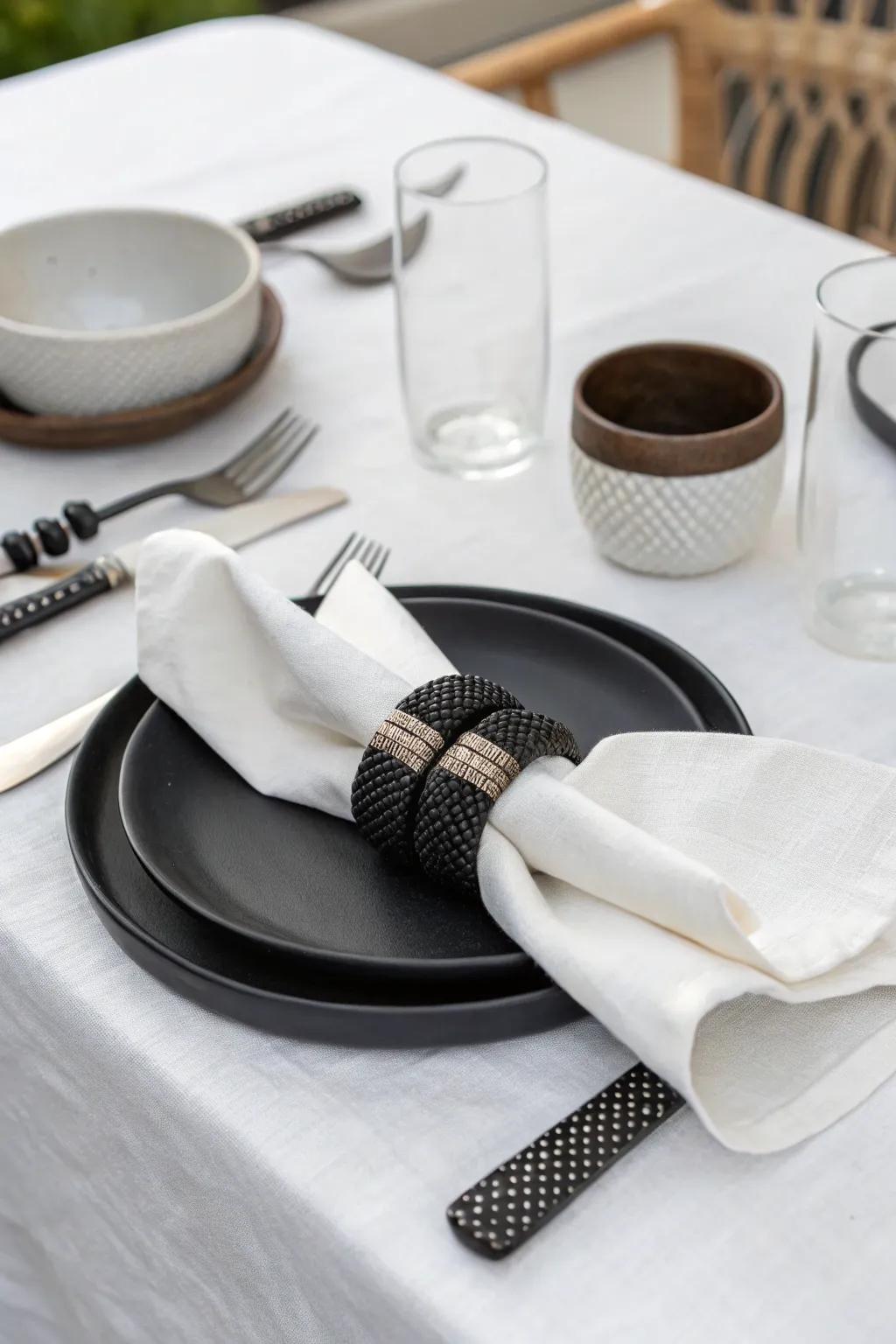 Modern and elegant setup with dark napkin rings.