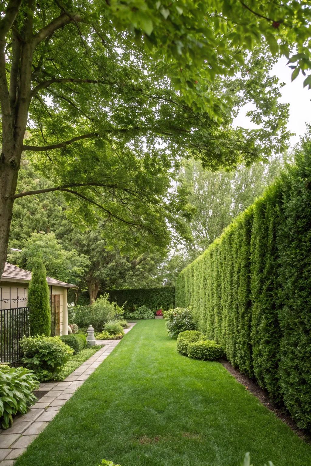 Tall green hedges providing a natural privacy screen in a backyard setting.