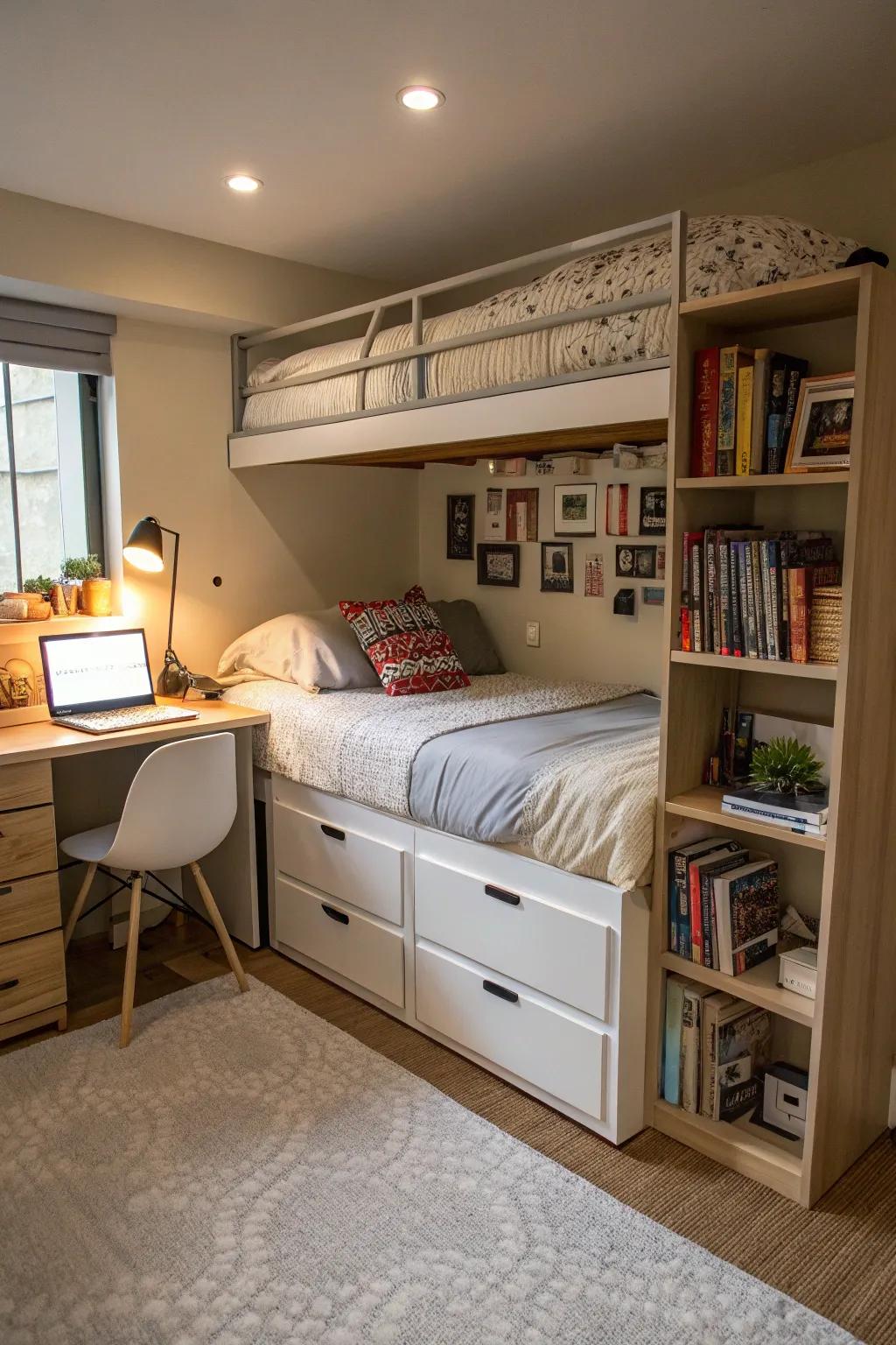 Creative storage options thanks to multi-purpose furniture items.