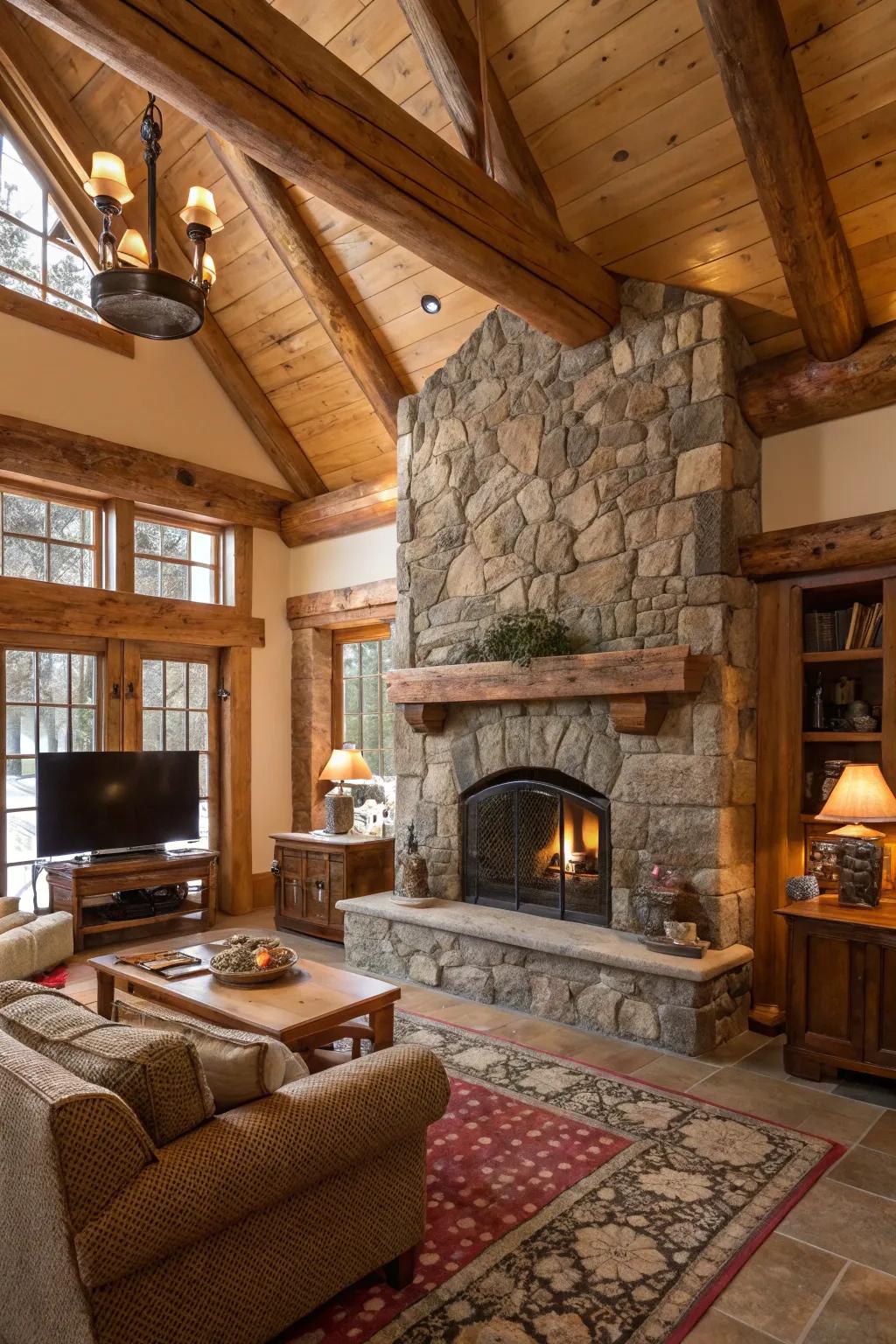 Rustic stone tiles bring warmth and character to this inviting space.