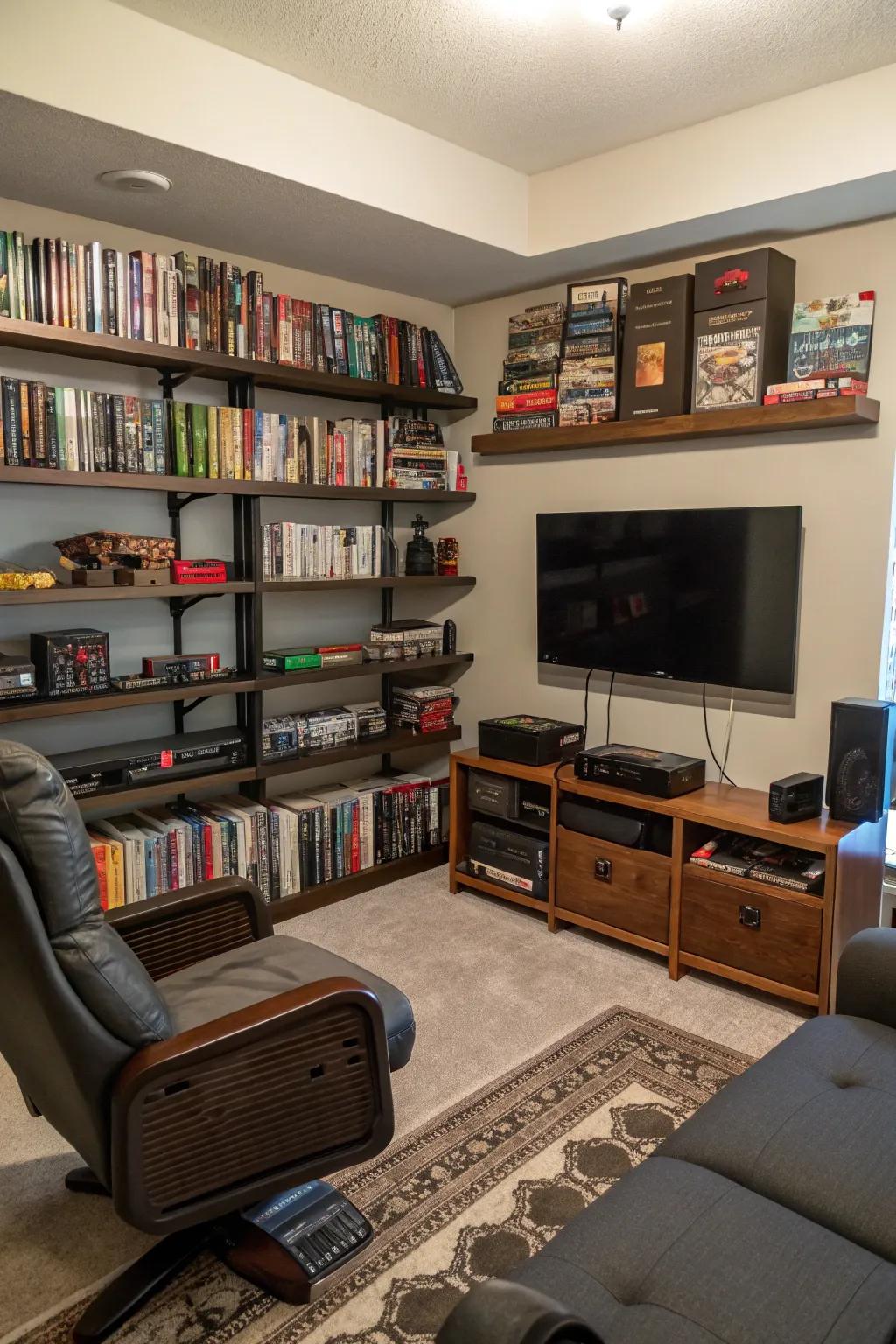 Floating shelves help maximize storage in a small man cave.