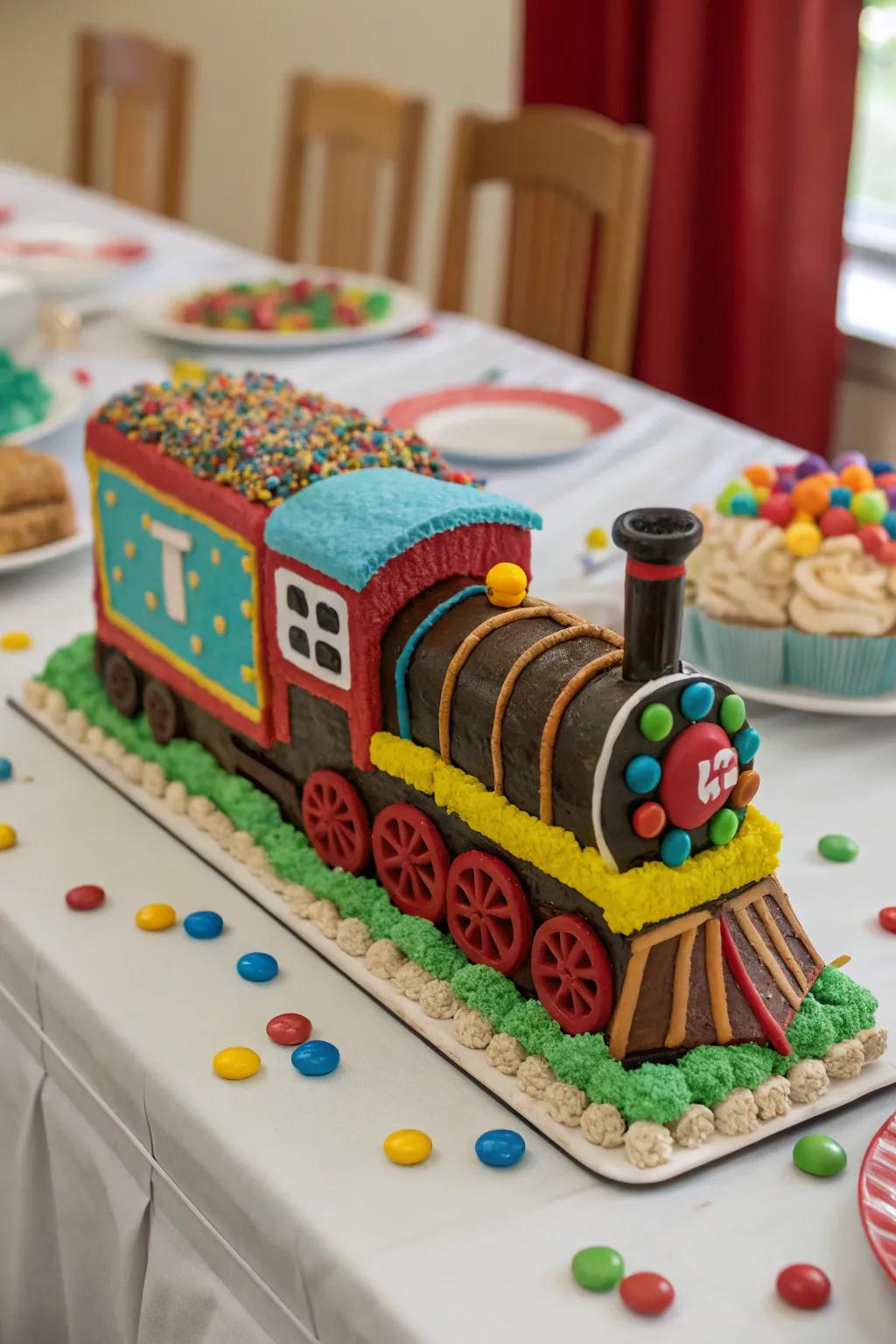 A delightful train-shaped cake steals the spotlight.