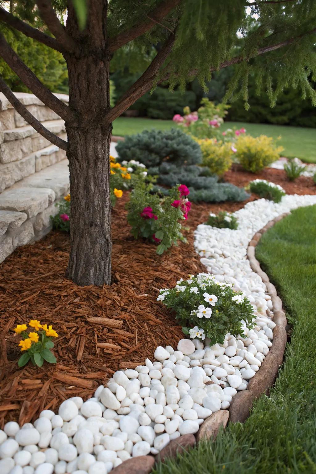 Mulch and pebbles fashion a textured, visually attractive space around your tree.