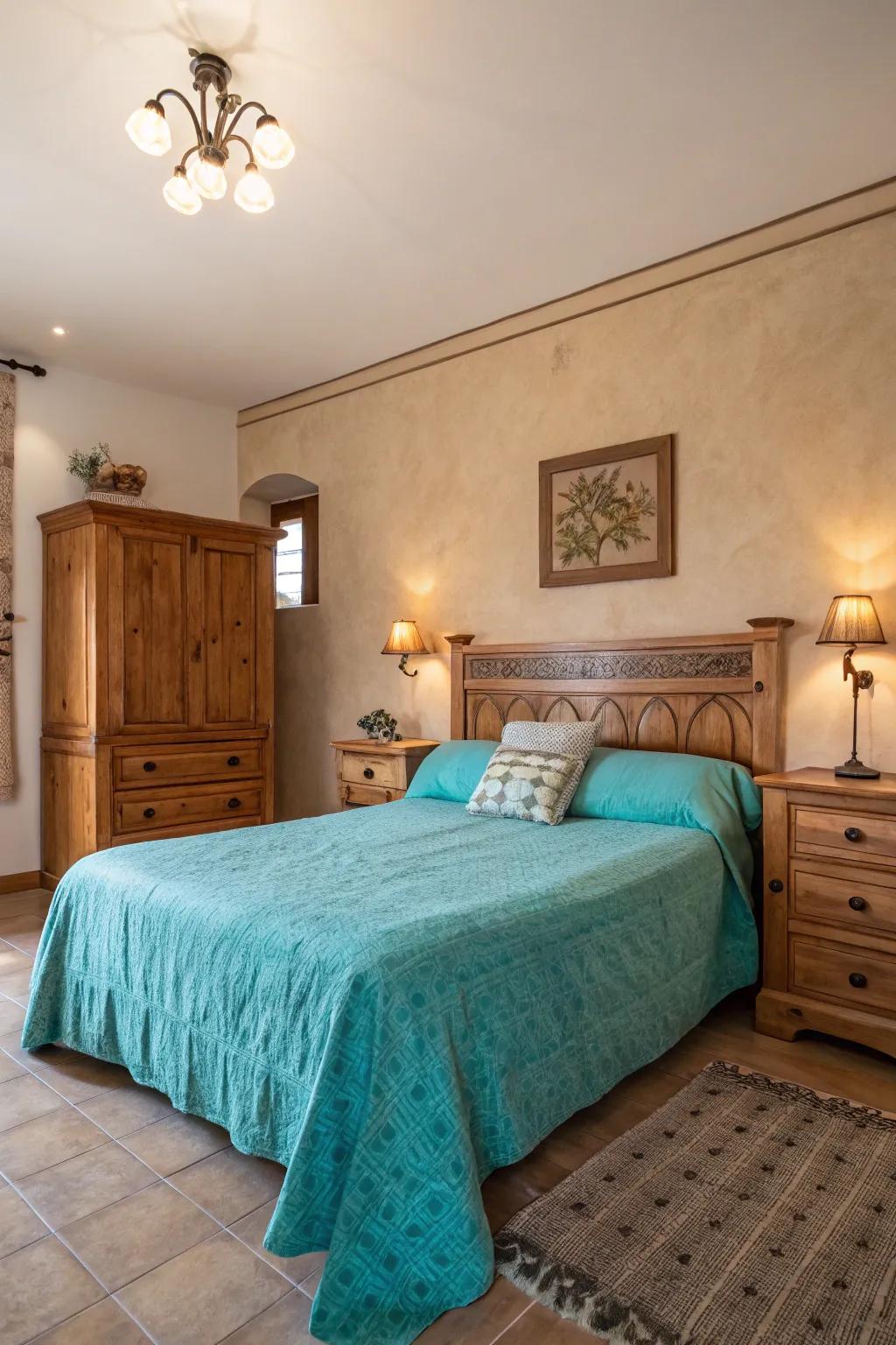 A balanced mix of turquoise and muted tones for a sophisticated bedroom.