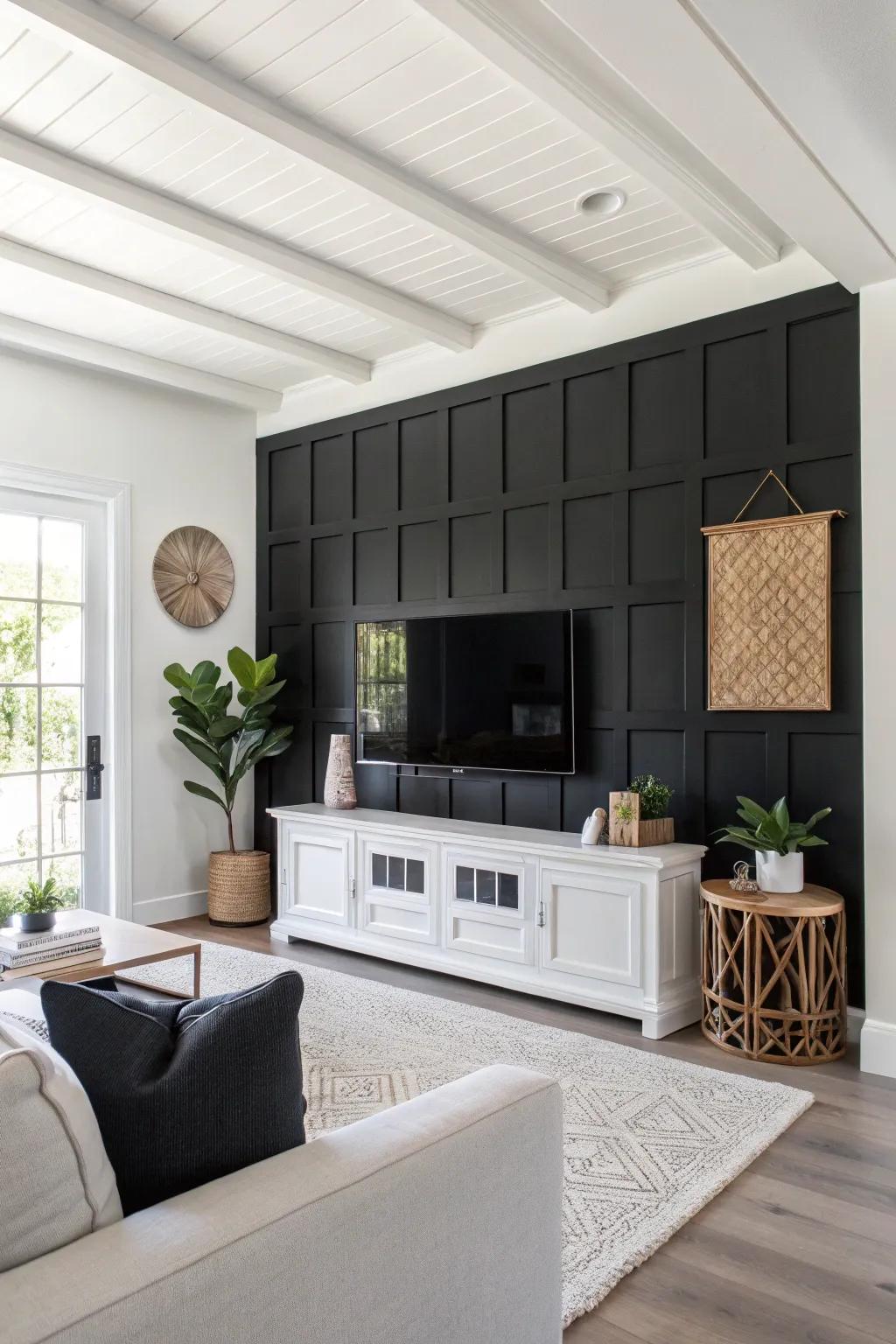 A dramatic black accent wall that effortlessly blends with the TV in a modern living room.