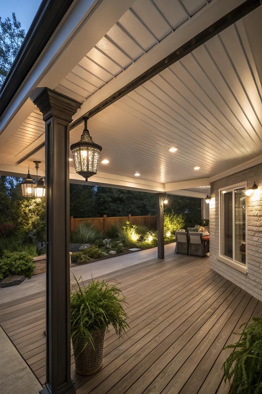 The space under the deck features a chic, weatherproof roof and sophisticated lighting.