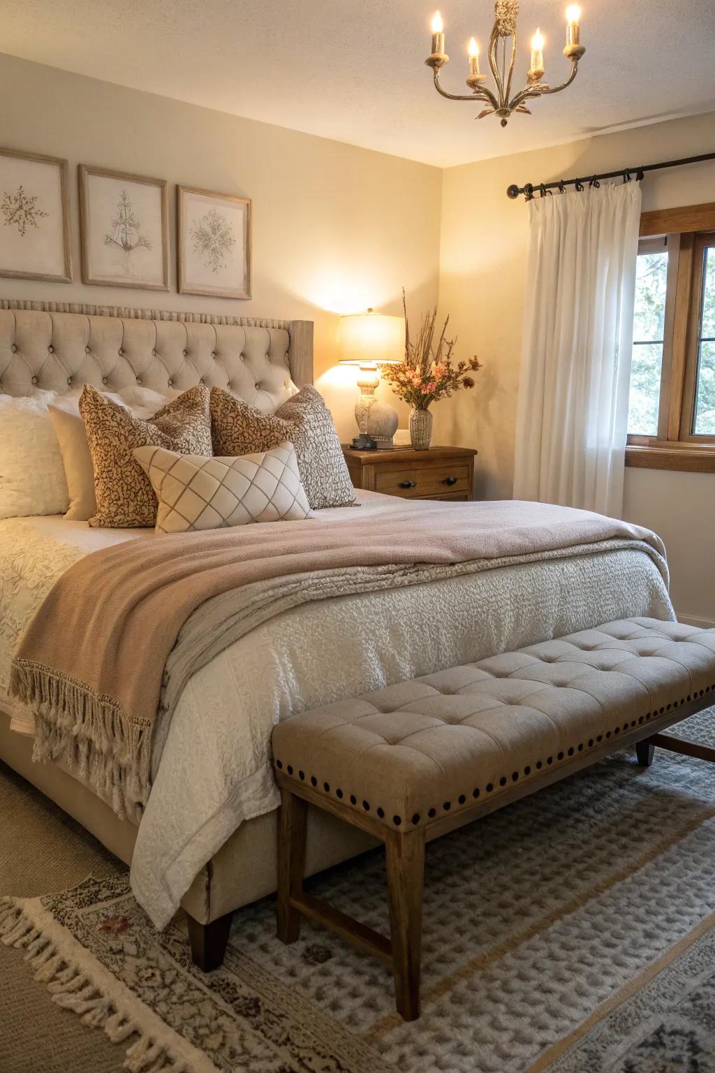 An upholstered bench adds both style and practicality to the bedroom.