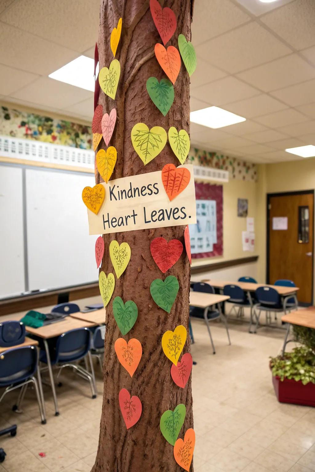 A Tree of Kindness bulletin board with heart-shaped leaves displaying acts of kindness.