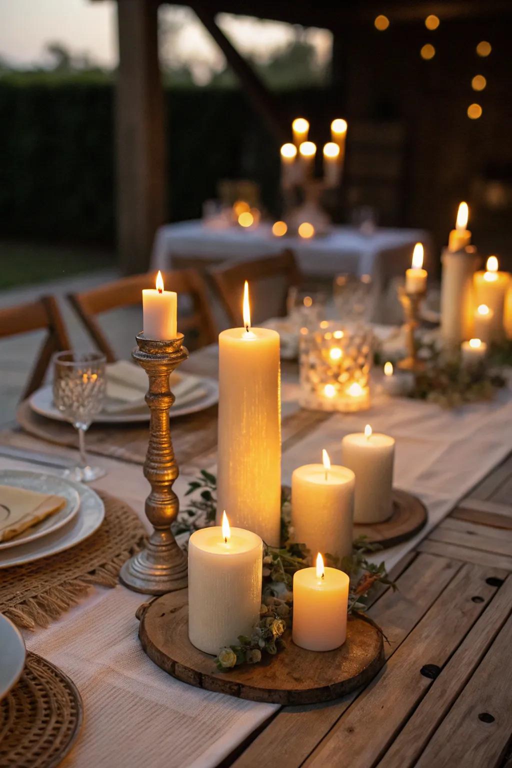 Different candle heights create a warm, romantic environment.