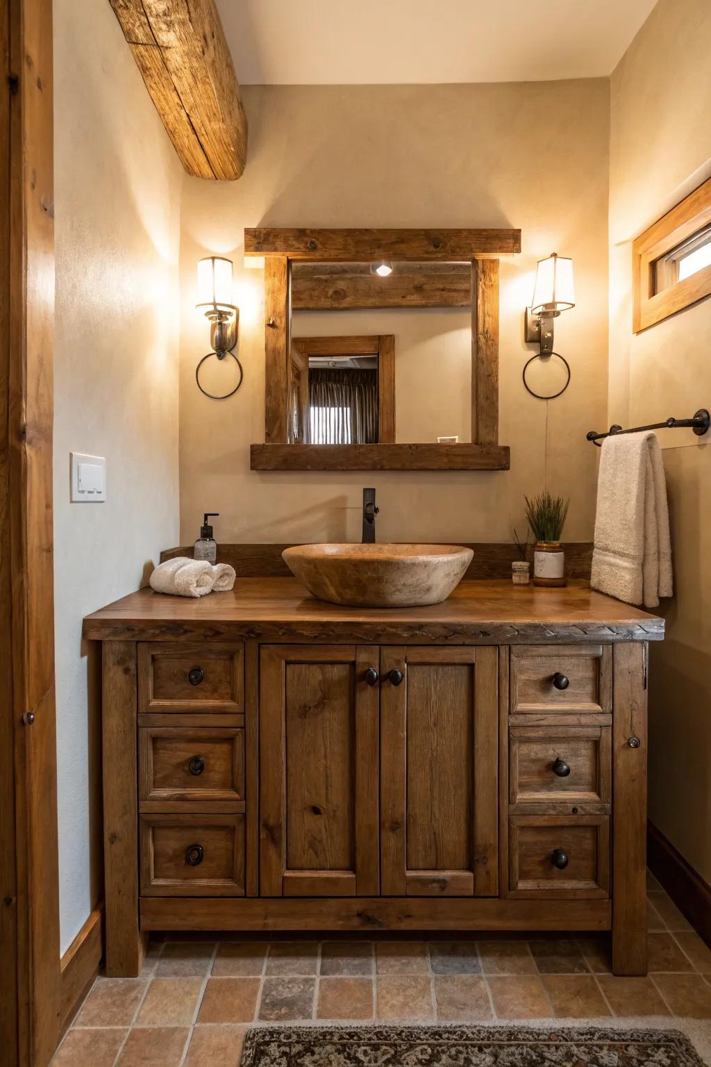 A country-style vanity highlighting stunning wood textures.