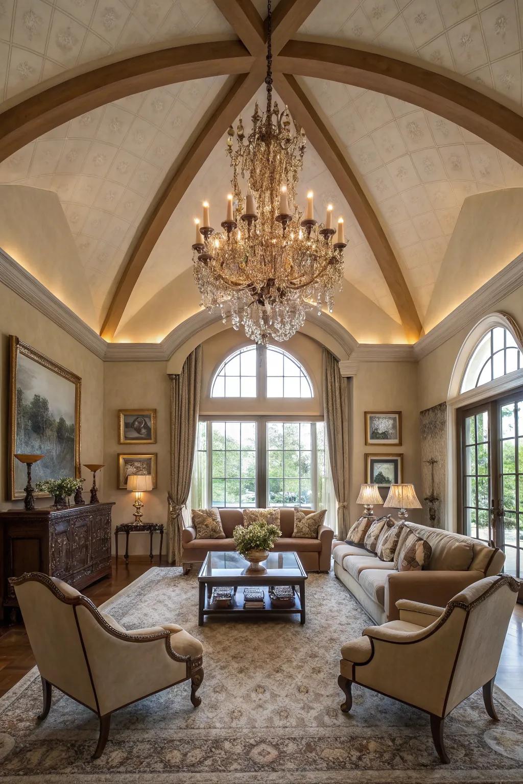 A chandelier serves as an attractive focal point under a vaulted ceiling.