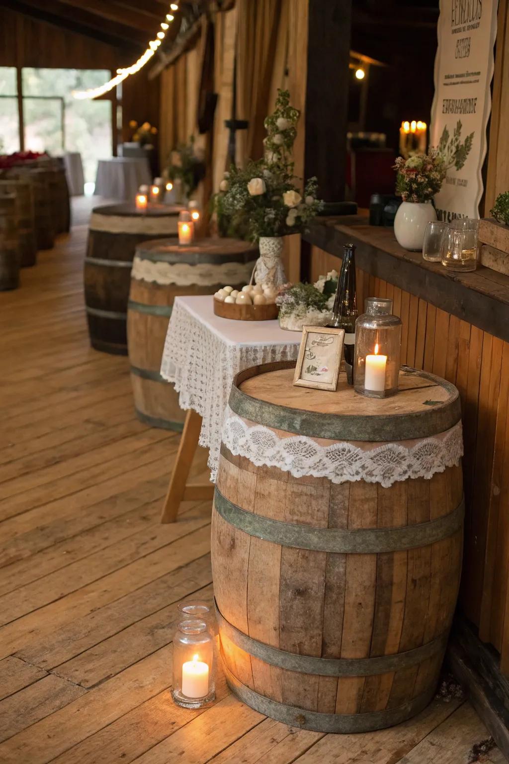 Down-to-earth allure at a vintage-inspired festivity utilizing wooden casks and lace decorations.