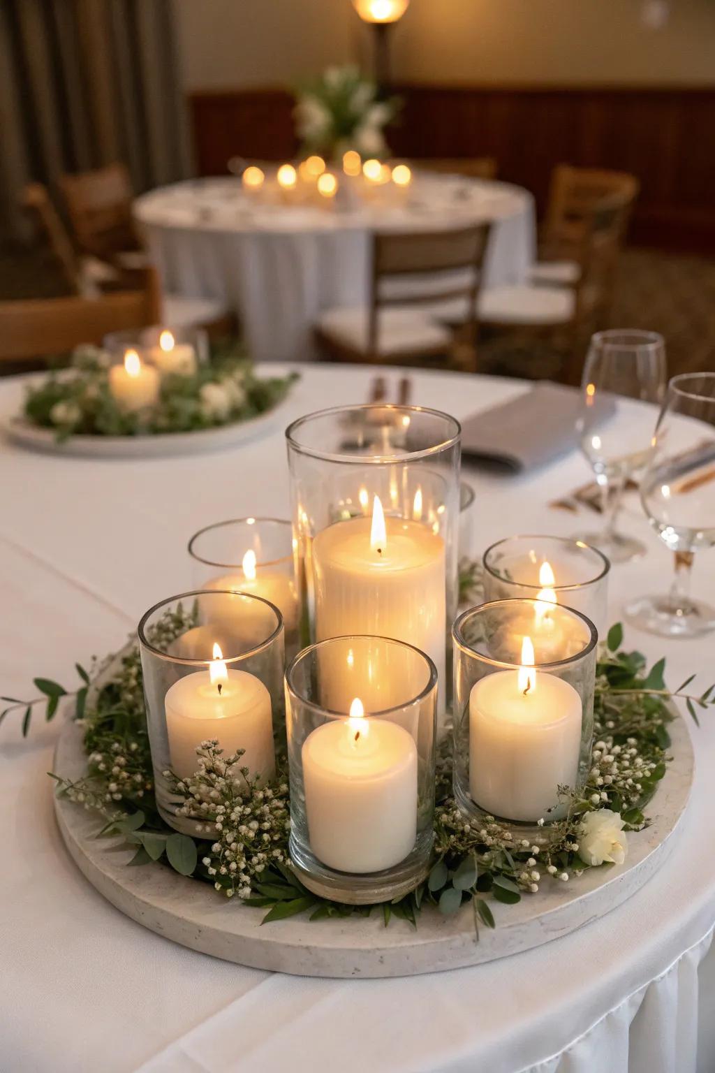 Glass votive holders highlight the beauty of candlelight.