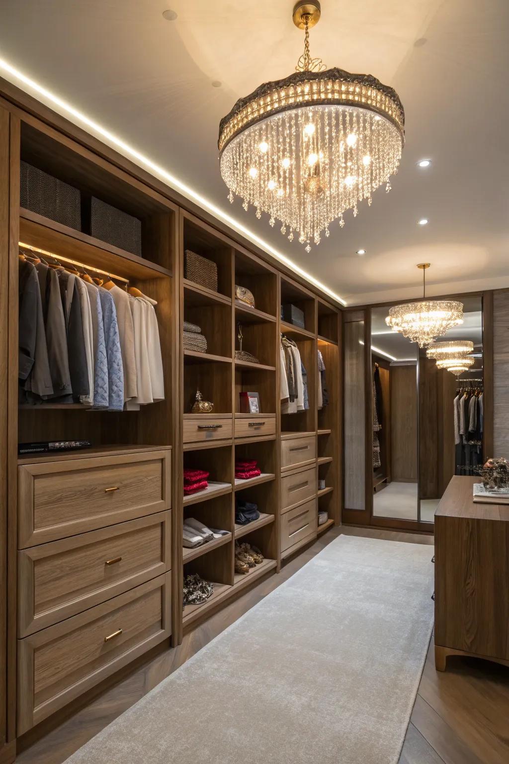 Stylish lighting turns the closet into an upscale boutique-like atmosphere.