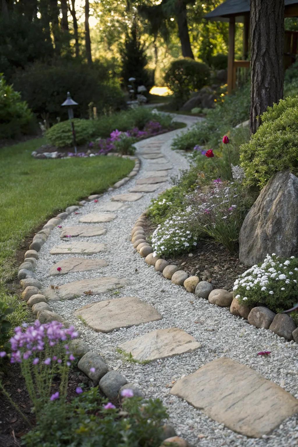 Gravel and small rocks fashion a cozy and country-style garden route.