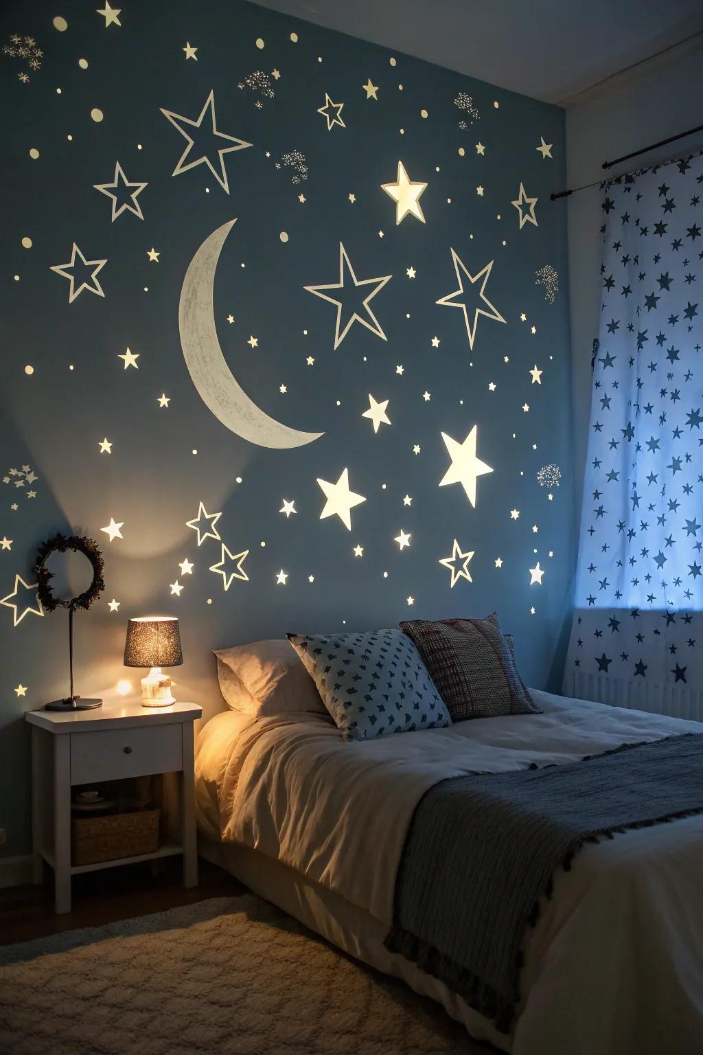 Celestial decals transform this bedroom into a dreamy night escape.