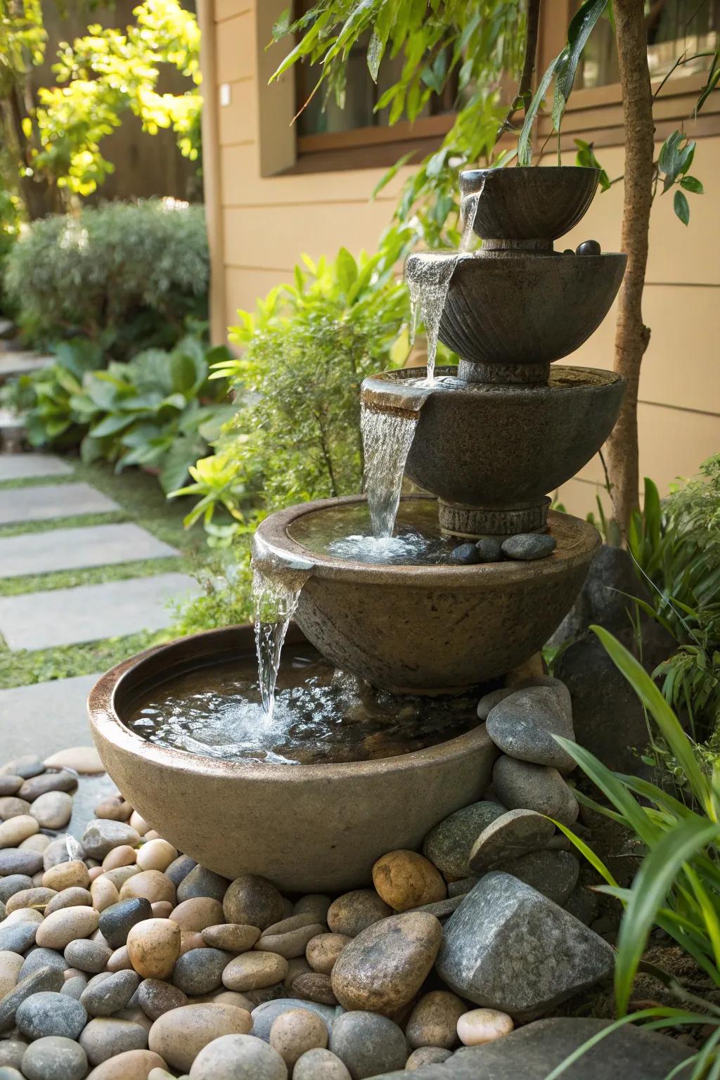 Tiered bowls create a simple yet elegant waterfall feature.