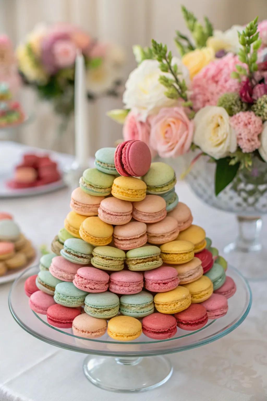 An elegant macaron pyramid adding a touch of class to the dessert table.