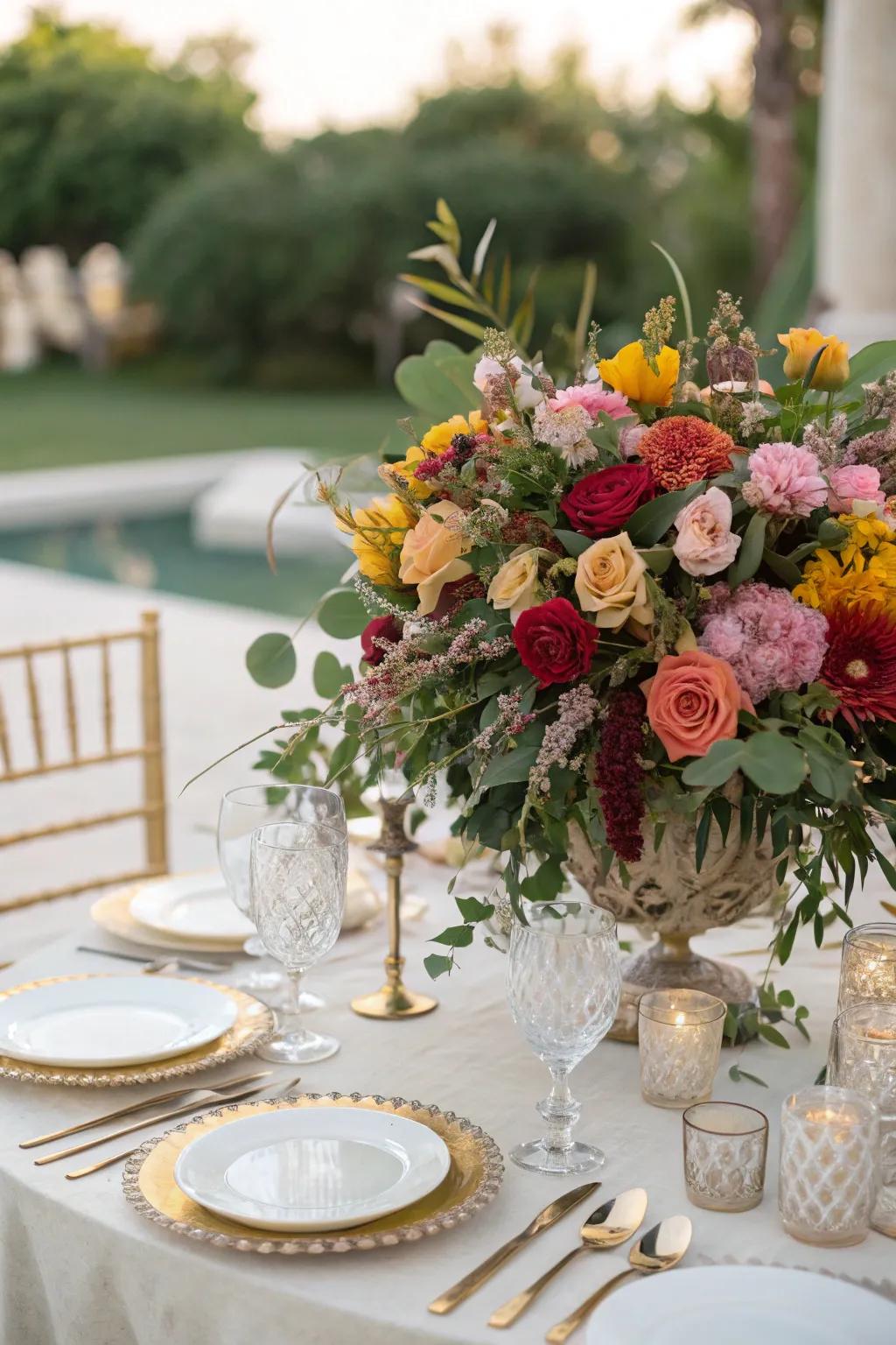 Abundant floral arrangements infuse vitality and hue into your tablescape.