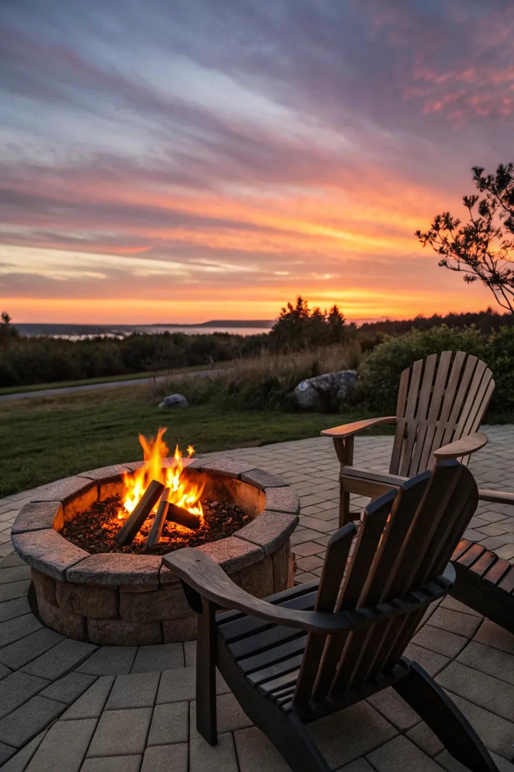 A central fire pit creates a warm gathering place on the patio.