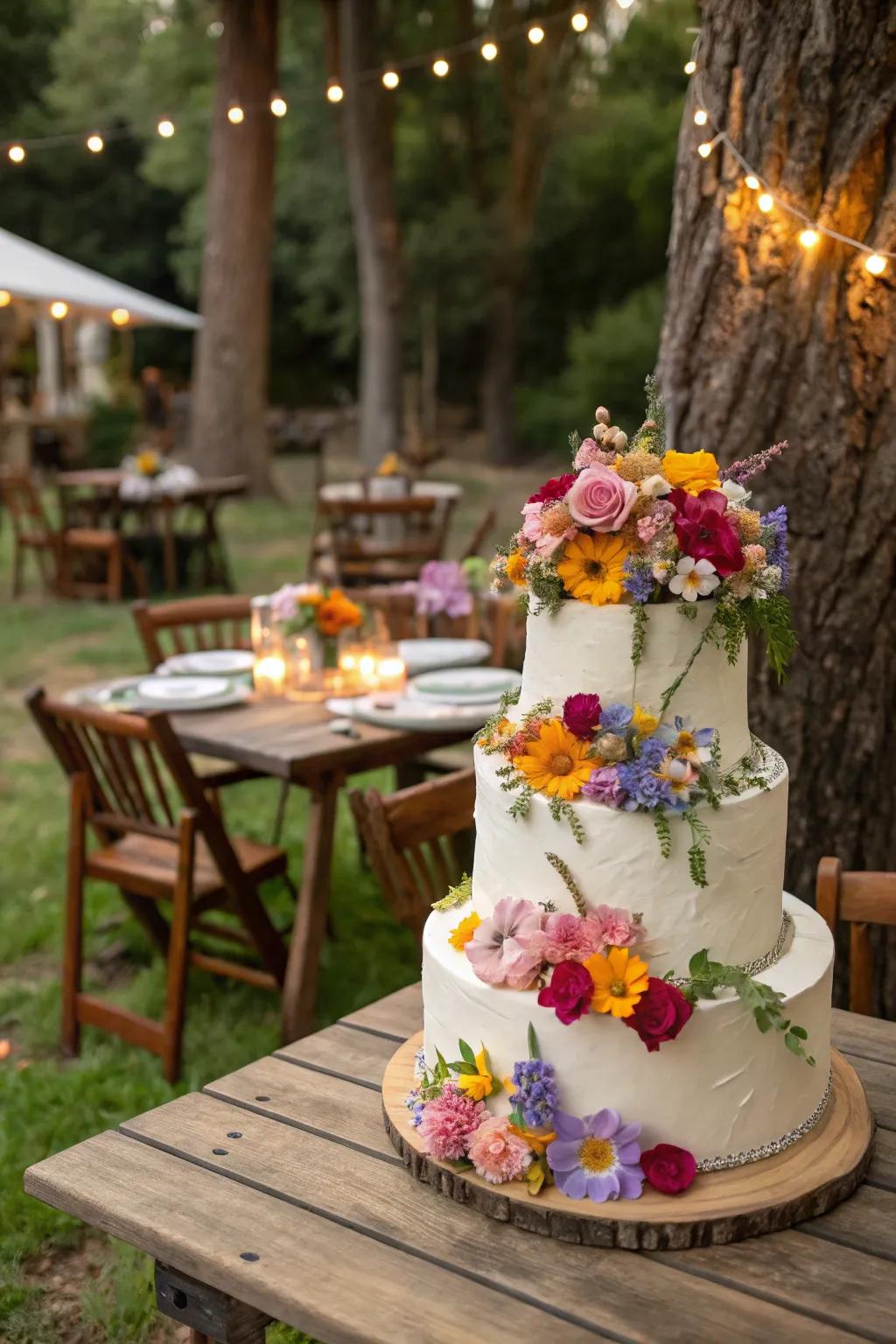 Wedding cake adorned with vibrant edible flowers.