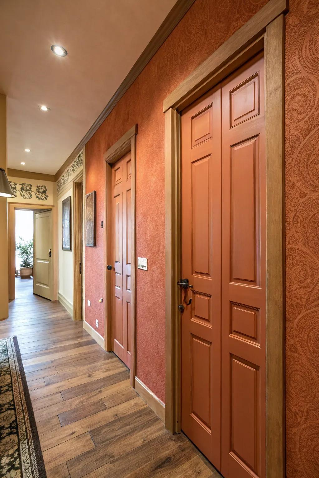 Warm earthy tones on doors create a cozy atmosphere.