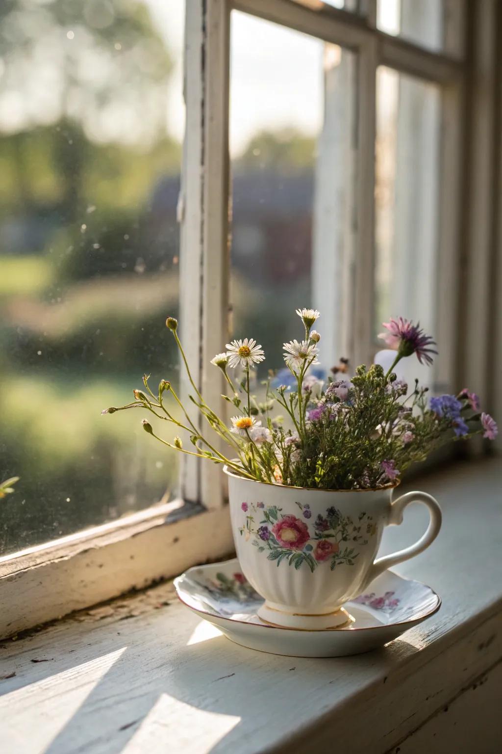 Vintage teacups make whimsical containers for small wildflower arrangements.