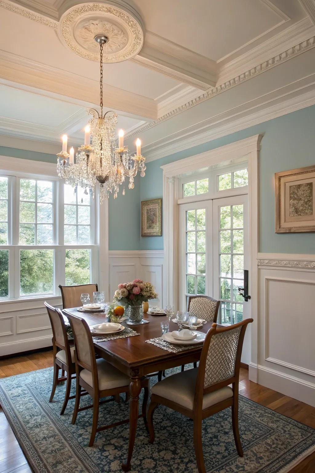 Crisp white trim provides an elegant frame for dining room windows.