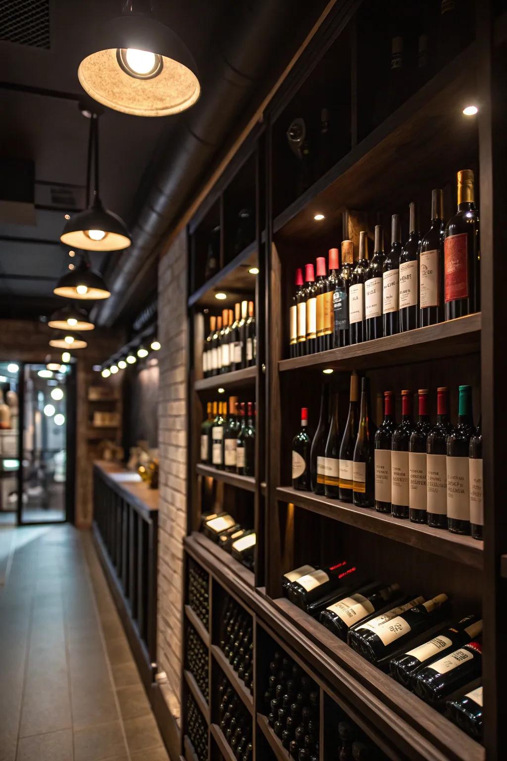 Concentrated spotlights emphasize unique bottles within the wine collection.