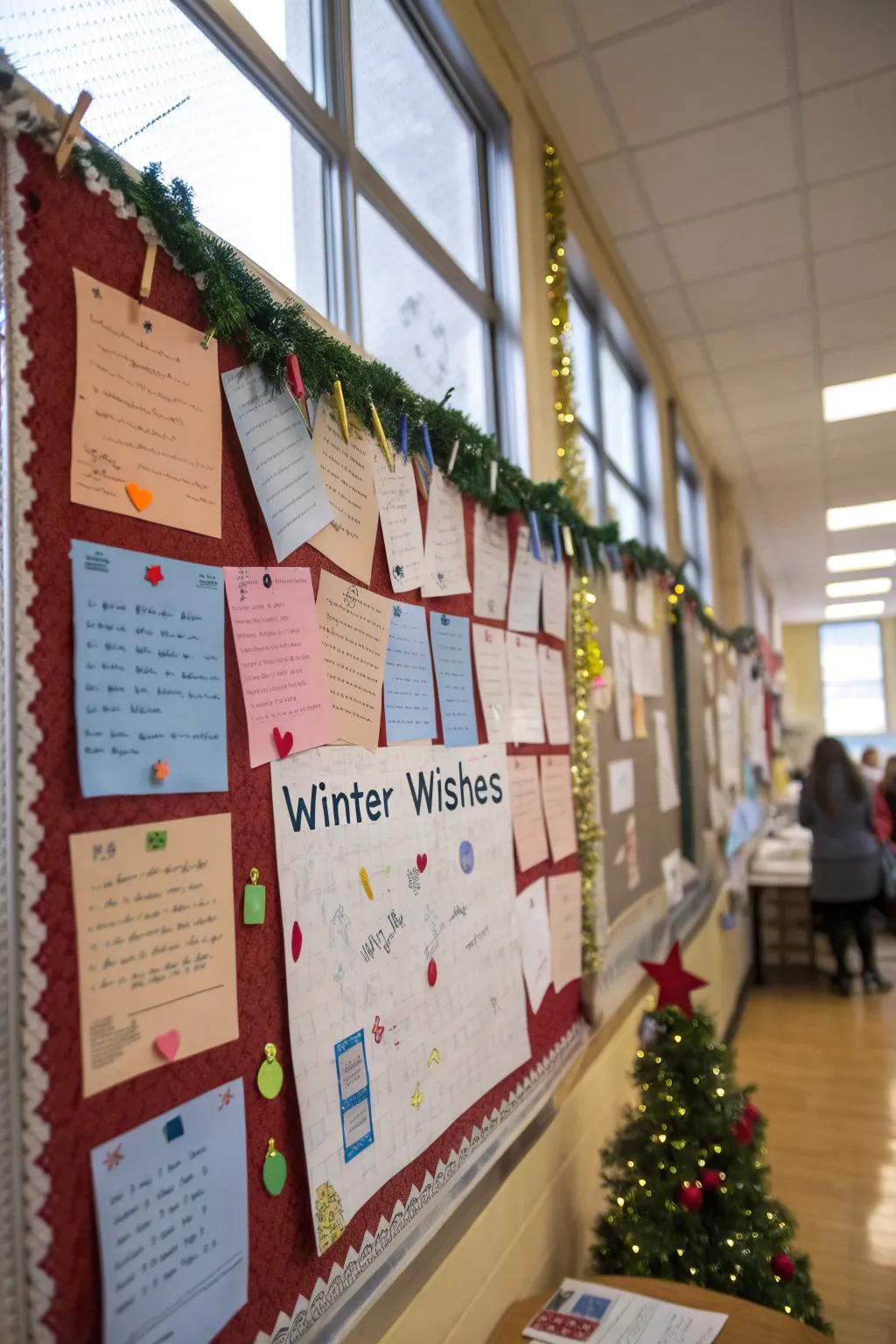 Students' winter wishes fashion a heartfelt and dynamic bulletin board.