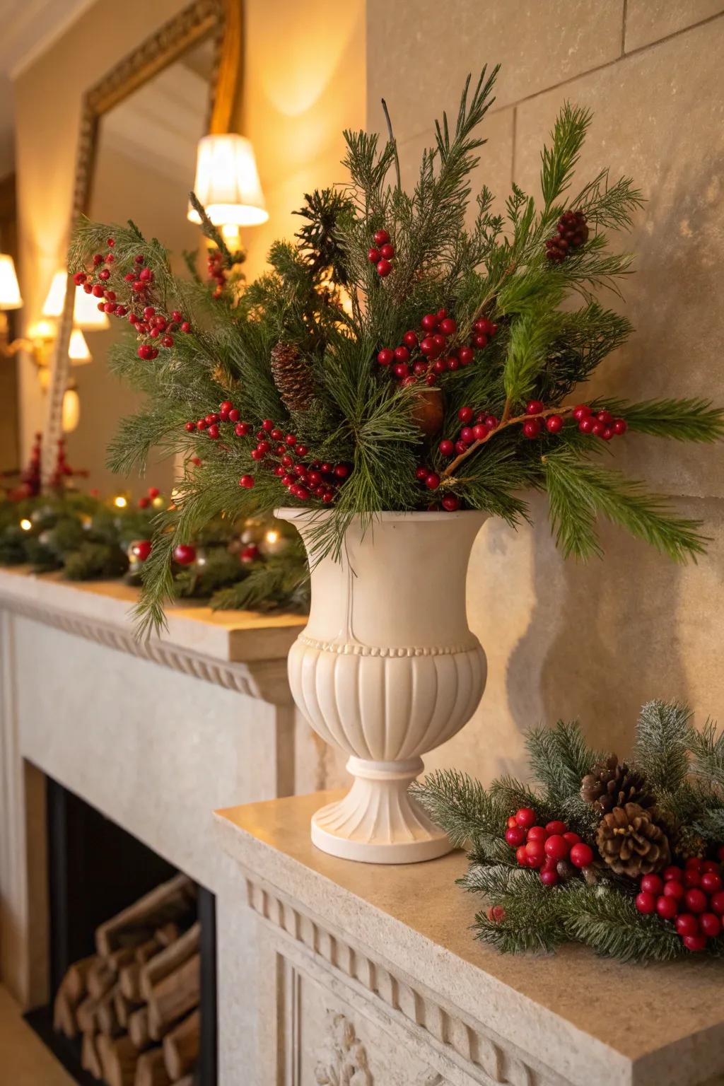 Evergreen and berry arrangements add festive cheer to your home.