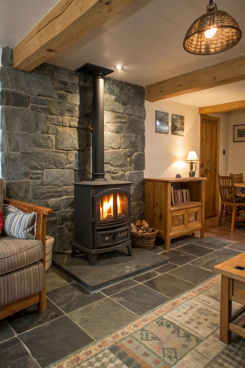 Natural stone tiles add rustic charm and warmth to a wood stove surround.