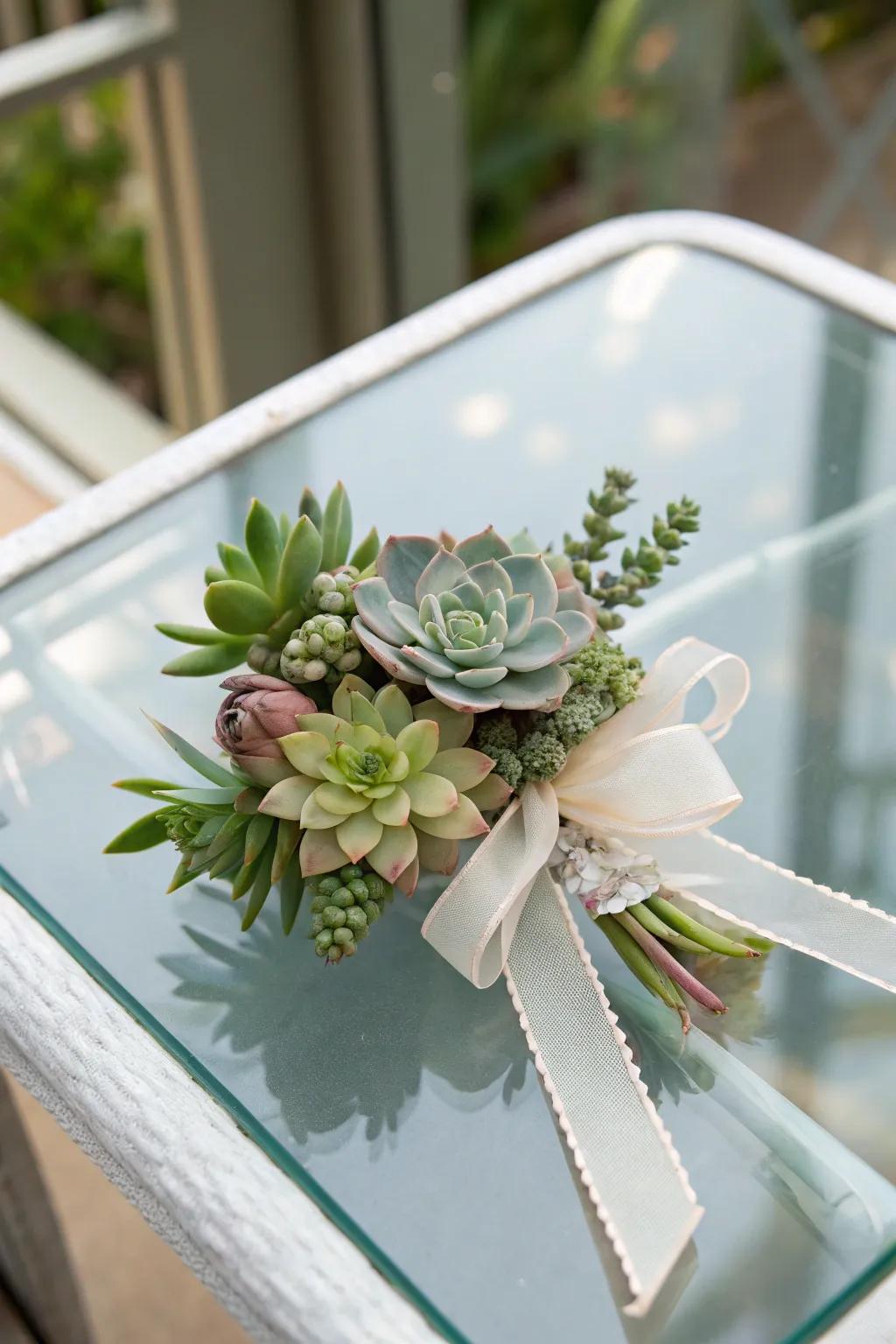 Fashionable wrist adornment featuring succulents for a modern flair.