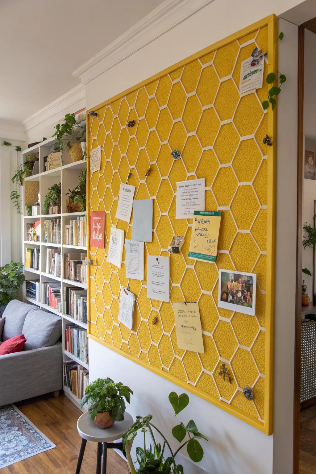 Honeycomb patterns bring texture and a whimsical touch to bulletin boards.