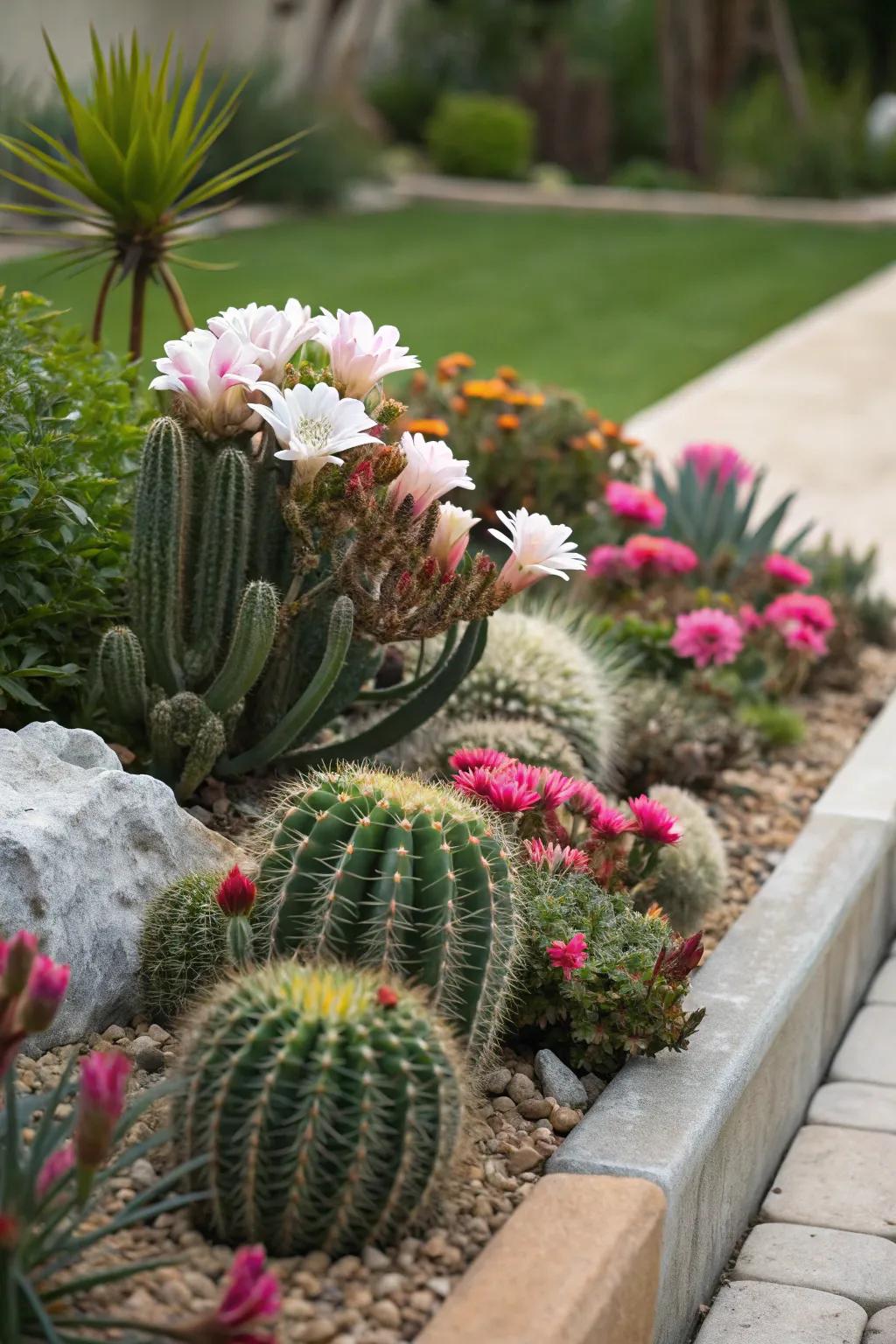 An unexpected mix of cacti and flowers creates a delightful contrast.