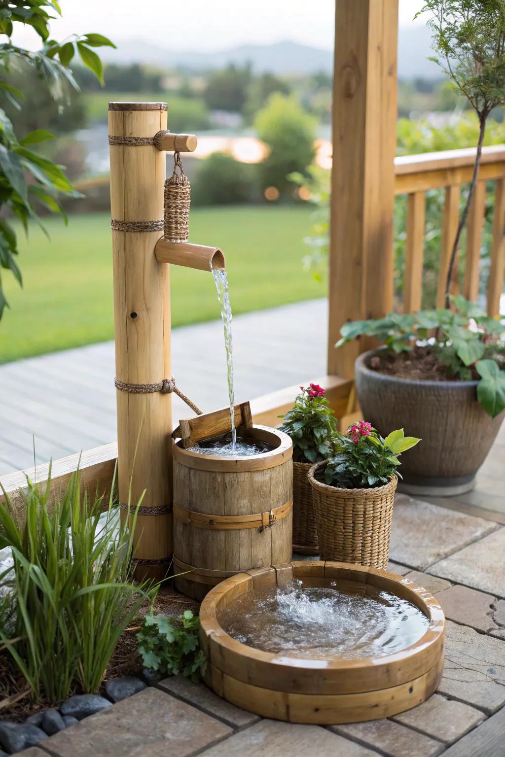 A versatile portable bamboo fountain, easy to move and enjoy anywhere.