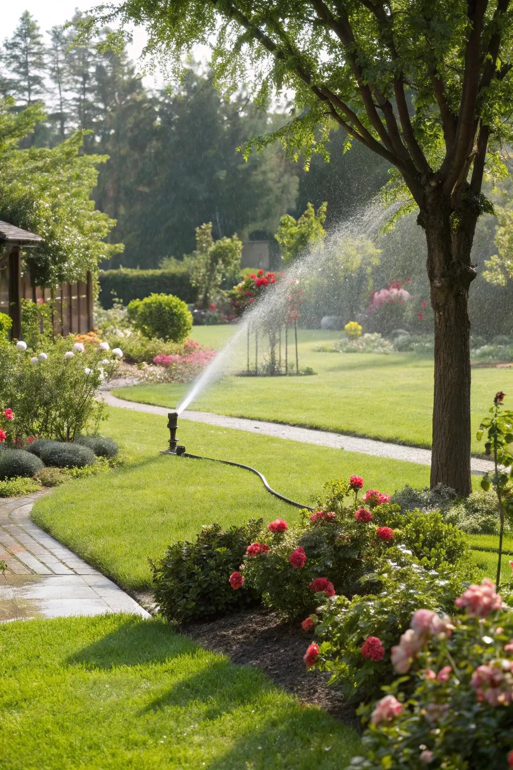 A smart sprinkler system ensures a healthy, green lawn by adapting to the local weather, optimizing water use.